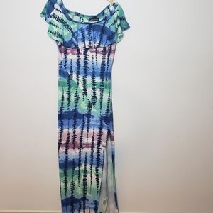 Derek Heart Multi-Color Tie-Dye Maxi Dress with Ruffle Neckline